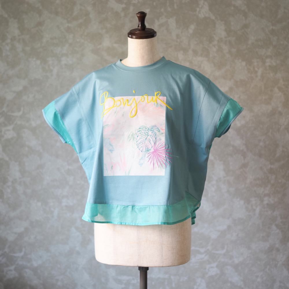 シアー布帛使い 転写＆刺繍プルオーバー